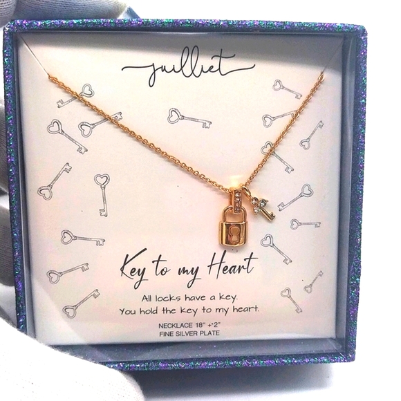 Juilliet Silver Plated Gold Lock and Key with CZ Semi Precious Necklace Boxed - Picture 2 of 3